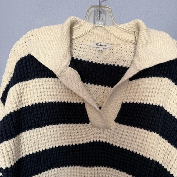 Madewell Antique Cream Striped Waffle-Knit Henley Sweater Size M Relaxed Fit - Picture 9 of 16